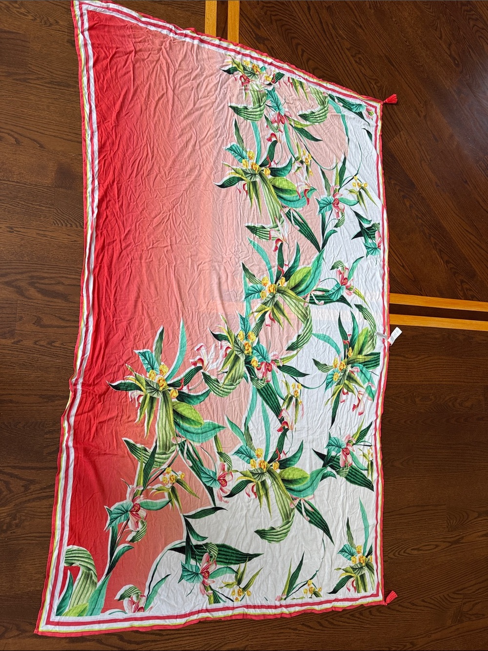 Trina Turk Coral and Green Tropical Leaf Swim Sarong Wrap - Picture 4 of 4